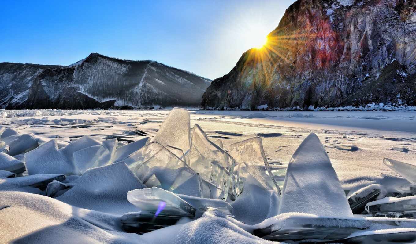 lake, picture, sun, ice, snow, winter, mountains, Baikal