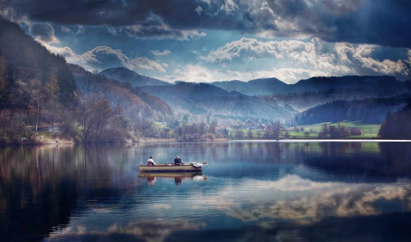 озеро, природа, небо, осень, trees, отражение, лодка, рыбалка, красиво, oblaka, горы