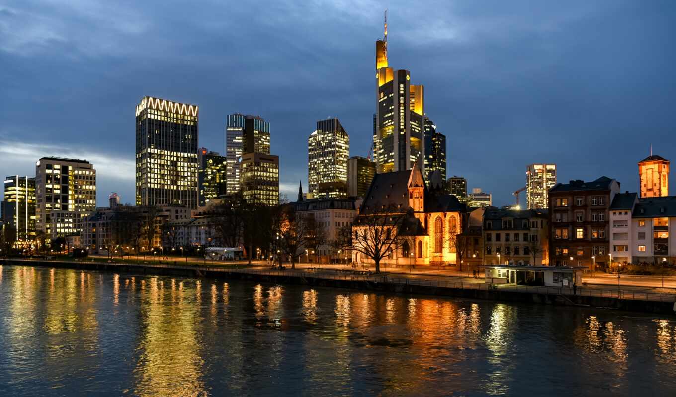 night, lights, fire, Frankfurt, river