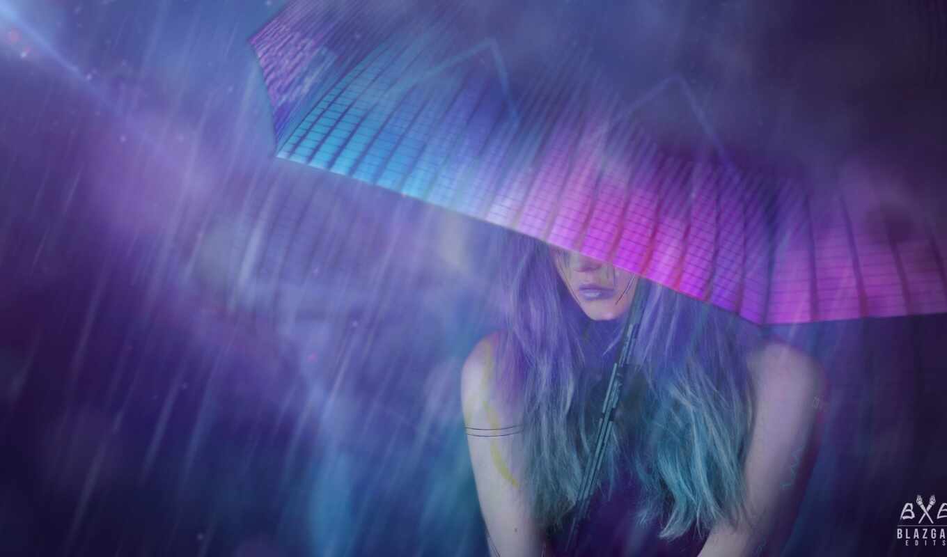 art, девушка, рисунок, дождь, ночь, concept, зонтик, neon, cyberpunk