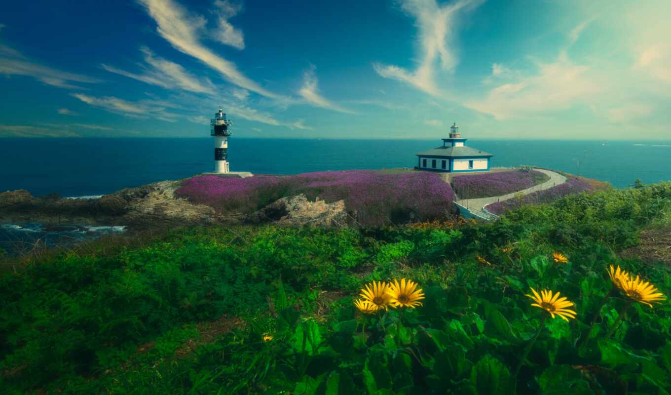 nature, flowers, blue, Bridge, landscape, sea, lighthouse, island, cloudy, Spain, vegan