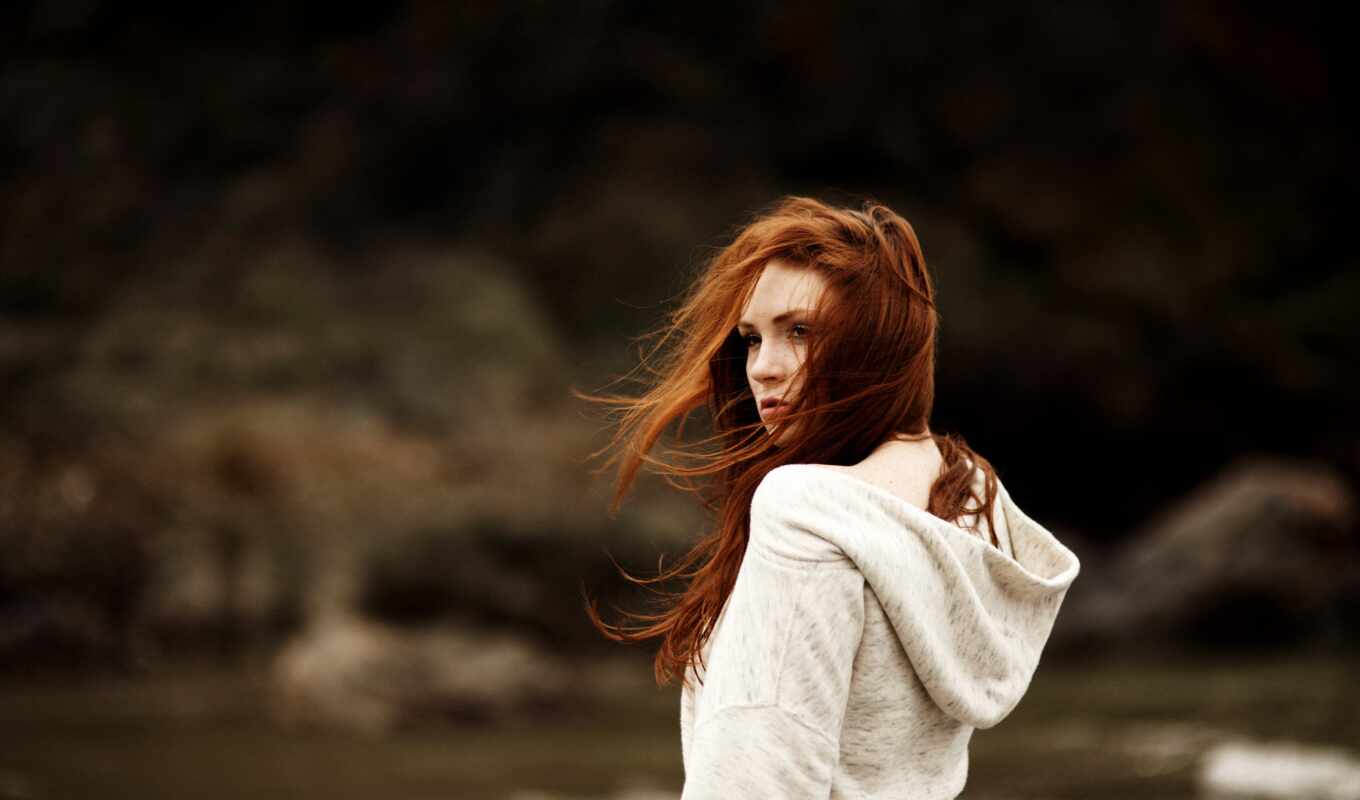 женщина, осень, ветер, холод, redhead, hoodie