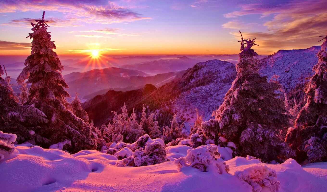небо, закат, снег, winter, лес, красивый, trees, горах, ёль, горы