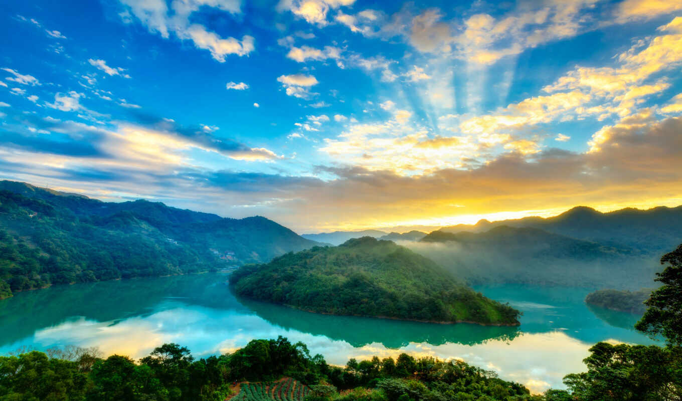 озеро, природа, пейзажи -, красивые, остров, солнца, rising, oblaka, горы