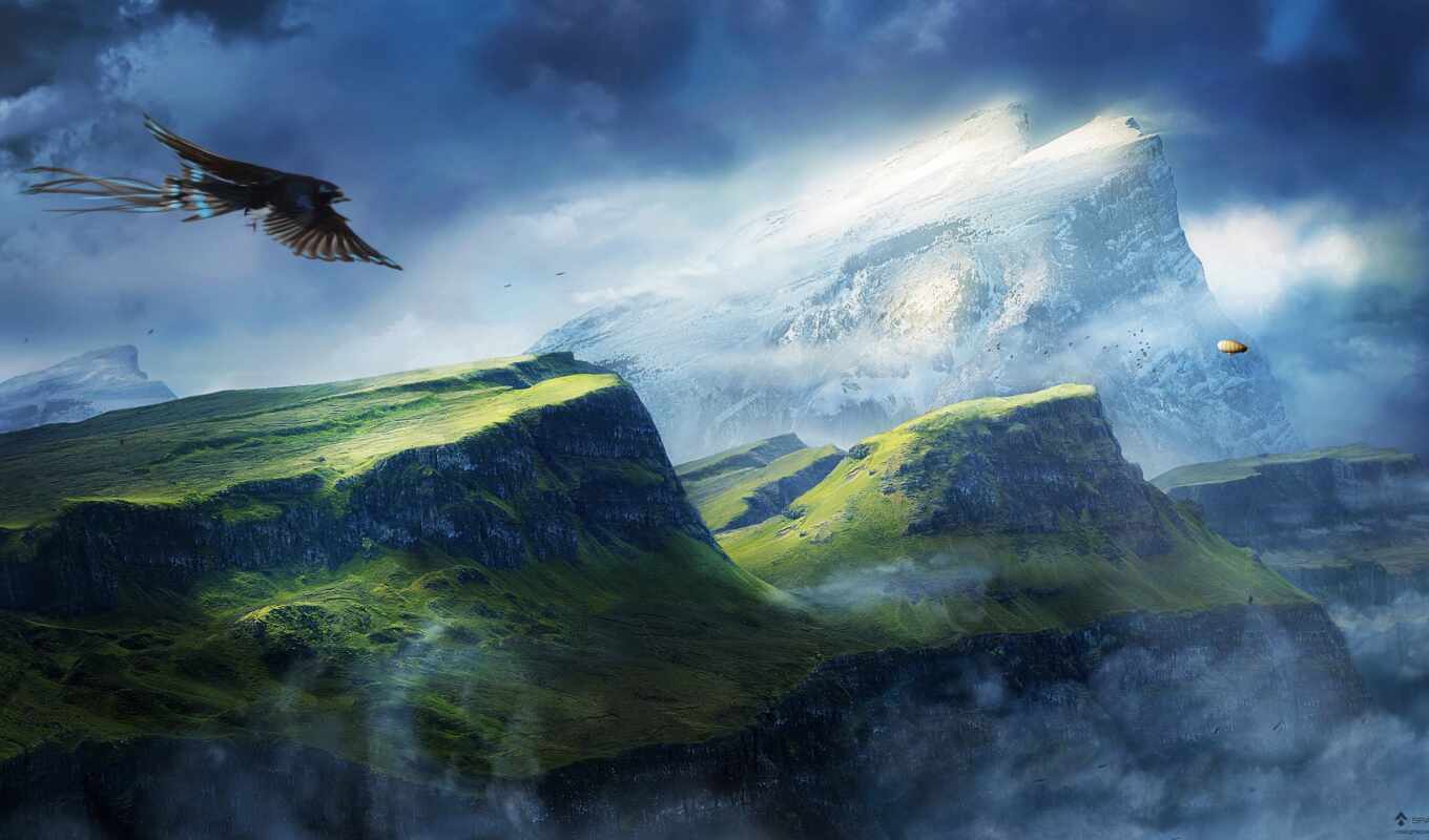 nature, picture, with, flight, bird, fog, mountains, backgrounds, mountains, mountains, sparrowhawk