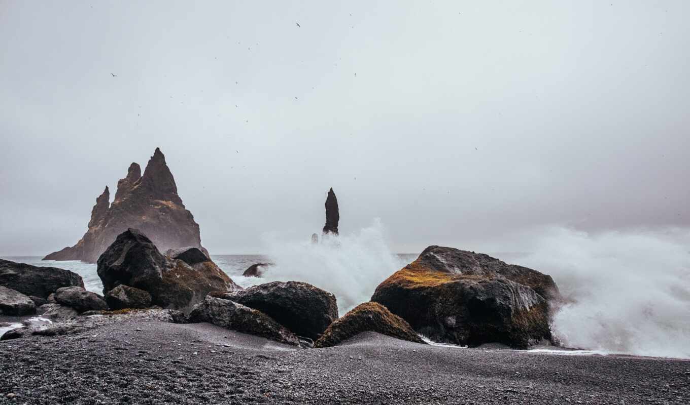 фото, серый, water, rock, море, тело, ocean, iceland, формирование