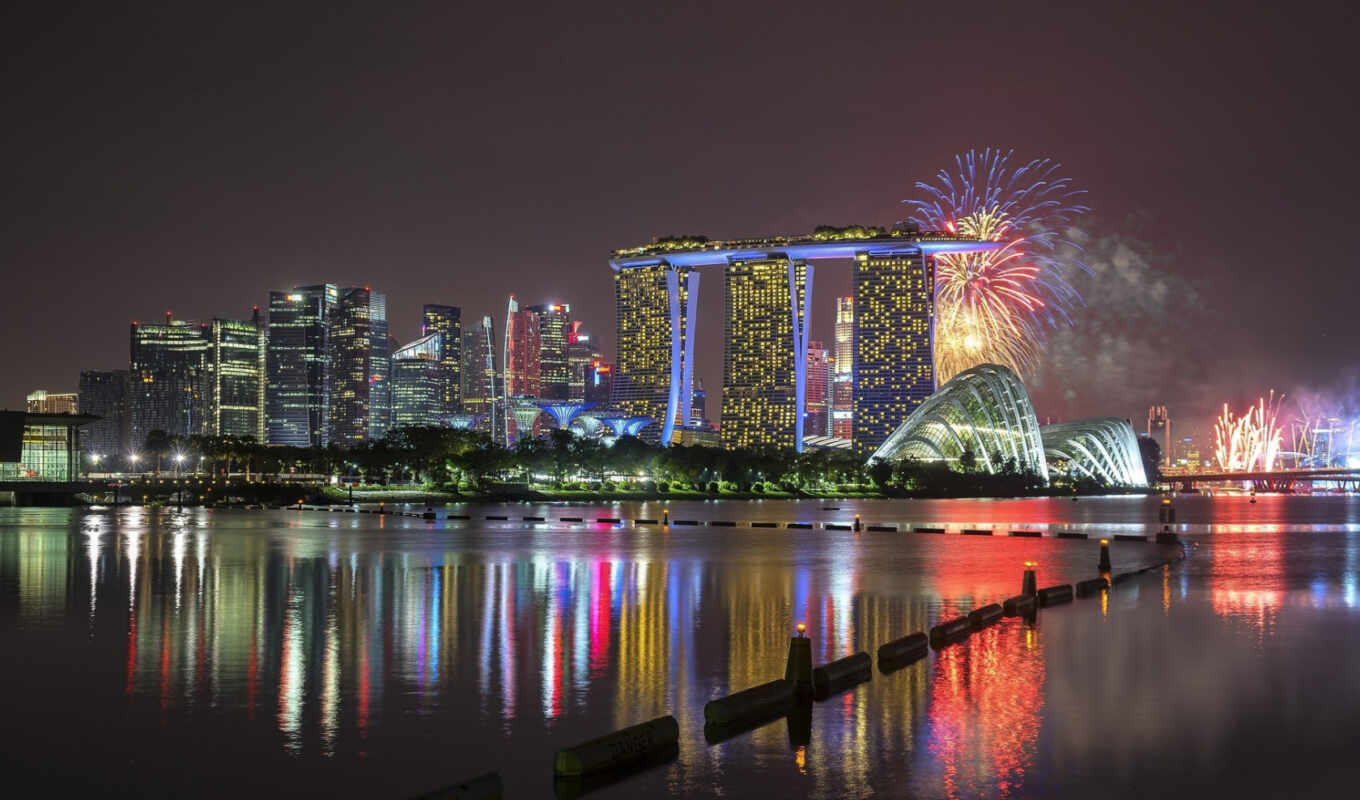 город, bay, панорама, singapore, марина, салют