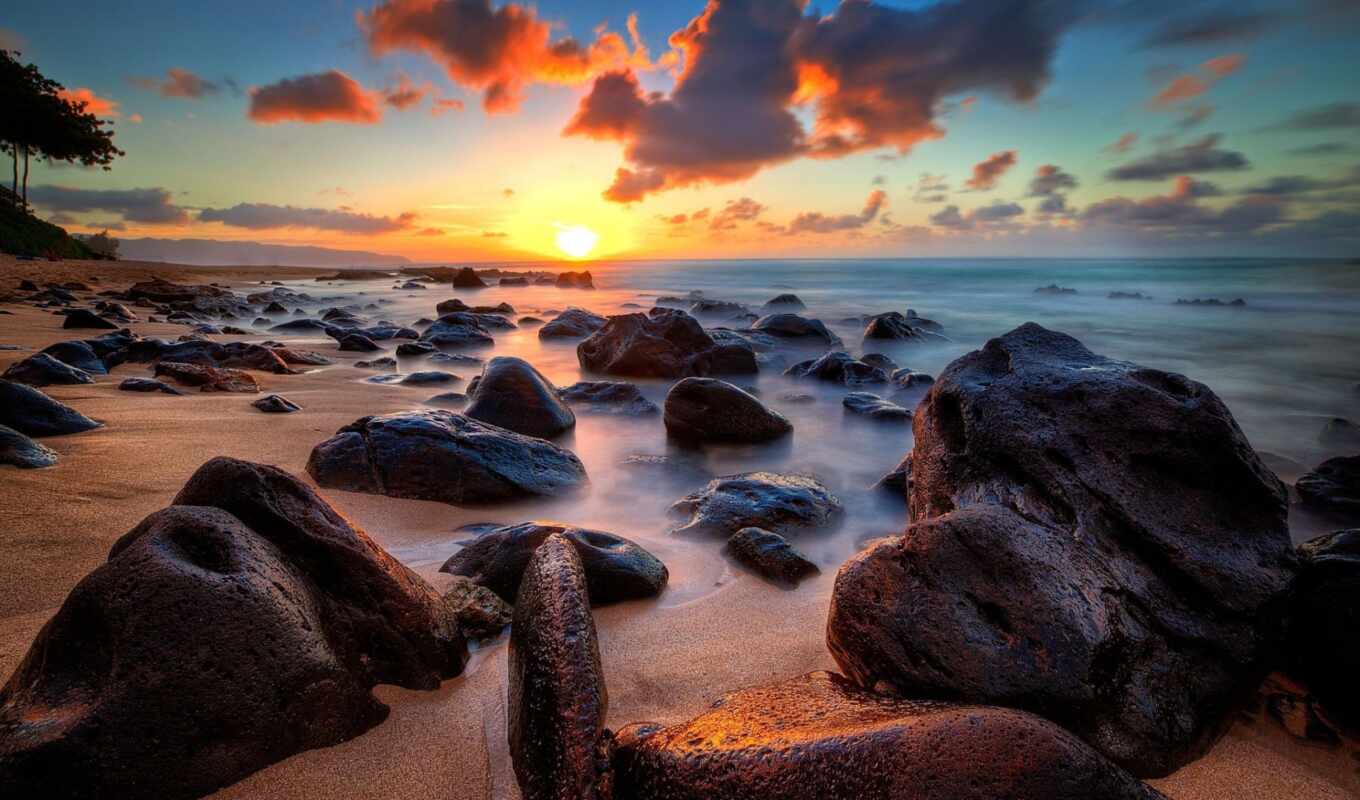 picture, stone, ocean, sunrise, tag