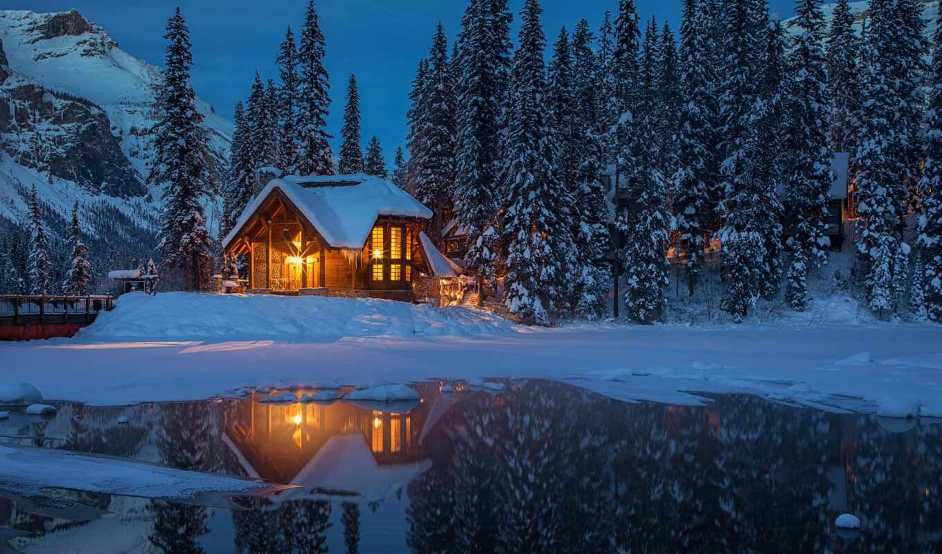 lake, nature, tree, snow, winter, mountain, Canada, park, reflection, national