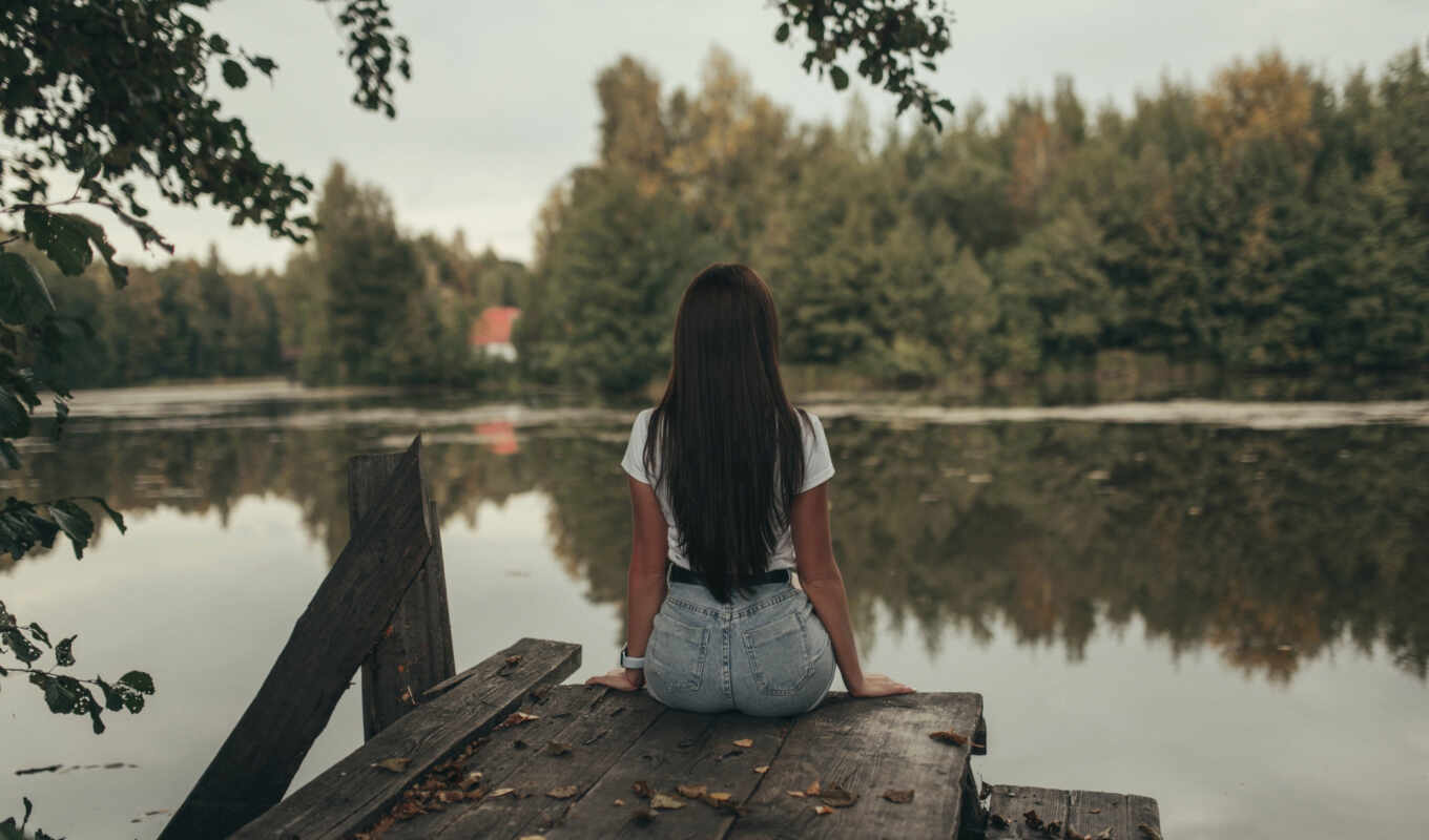 lake, nature, girl, picture, brunette, to find, back, river, thous, kartinkahdevushka