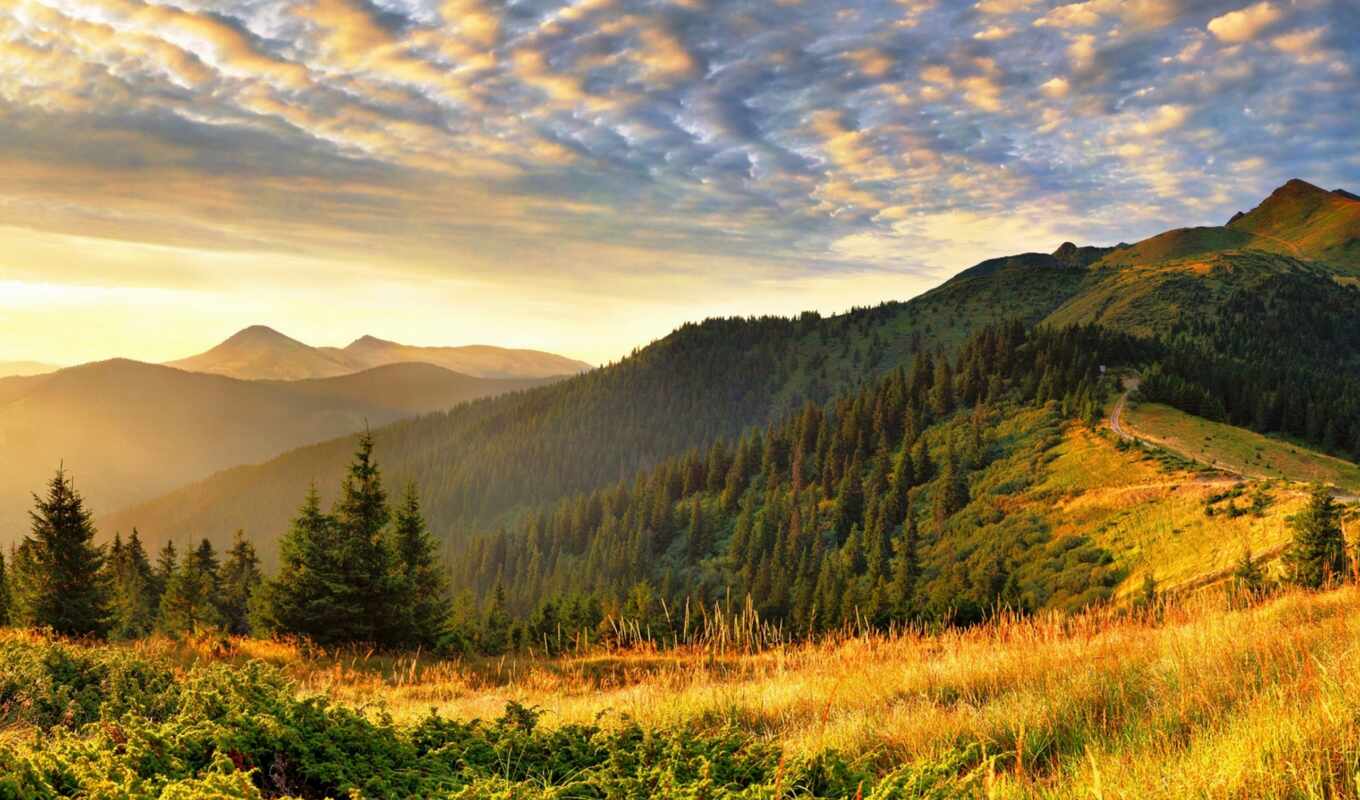 горы, природа, пейзажи -, широкоформатные, свет, трава, утро