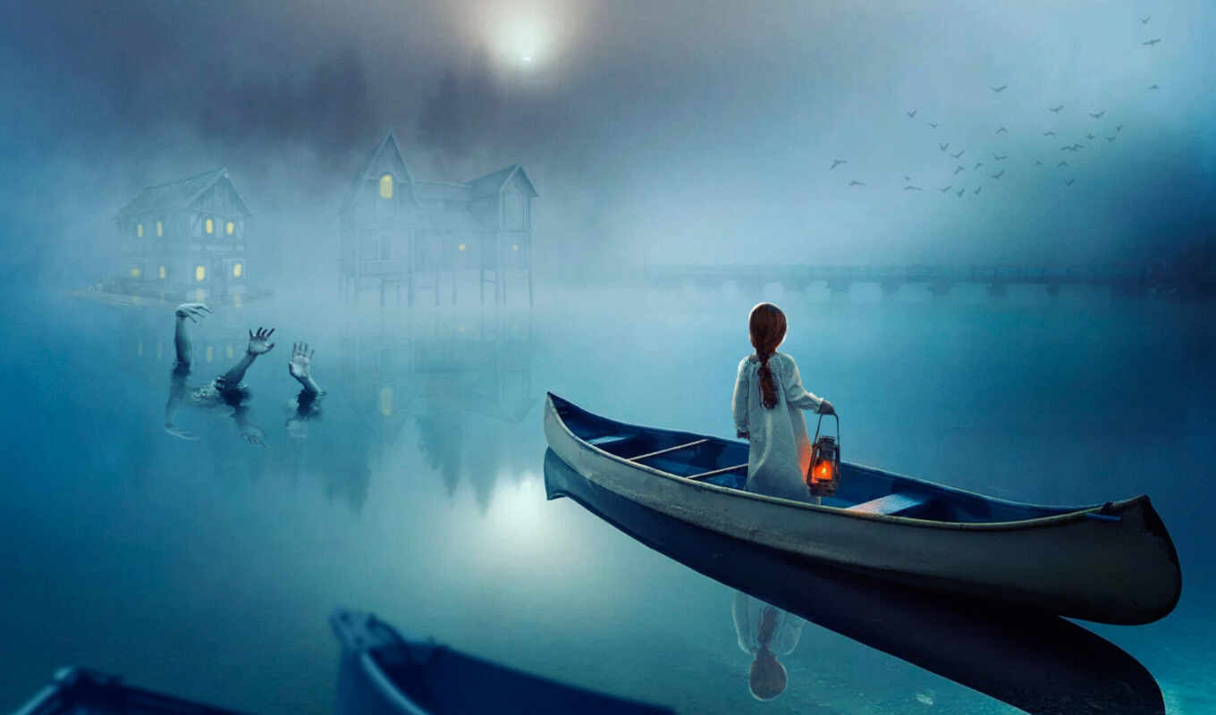 water, fog, a boat, arm, stoloboi