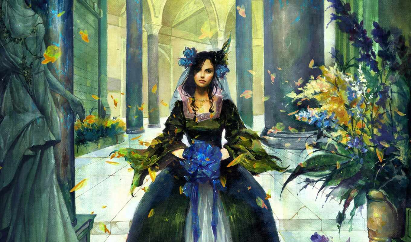 art, flowers, girl, woman, dress, fantasy, artwork, leaf