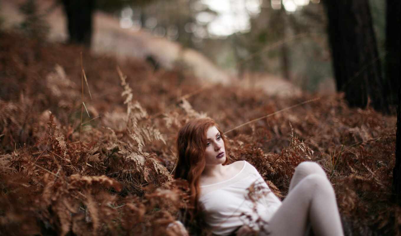 nature, girl, face, background, tree, forest, muse, redhead, sadness, fore
