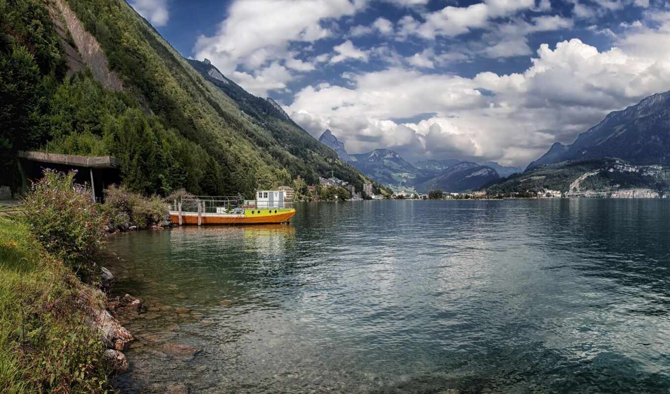 озеро, природа, water, гора, побережье, swiss, швейцария, schwyz