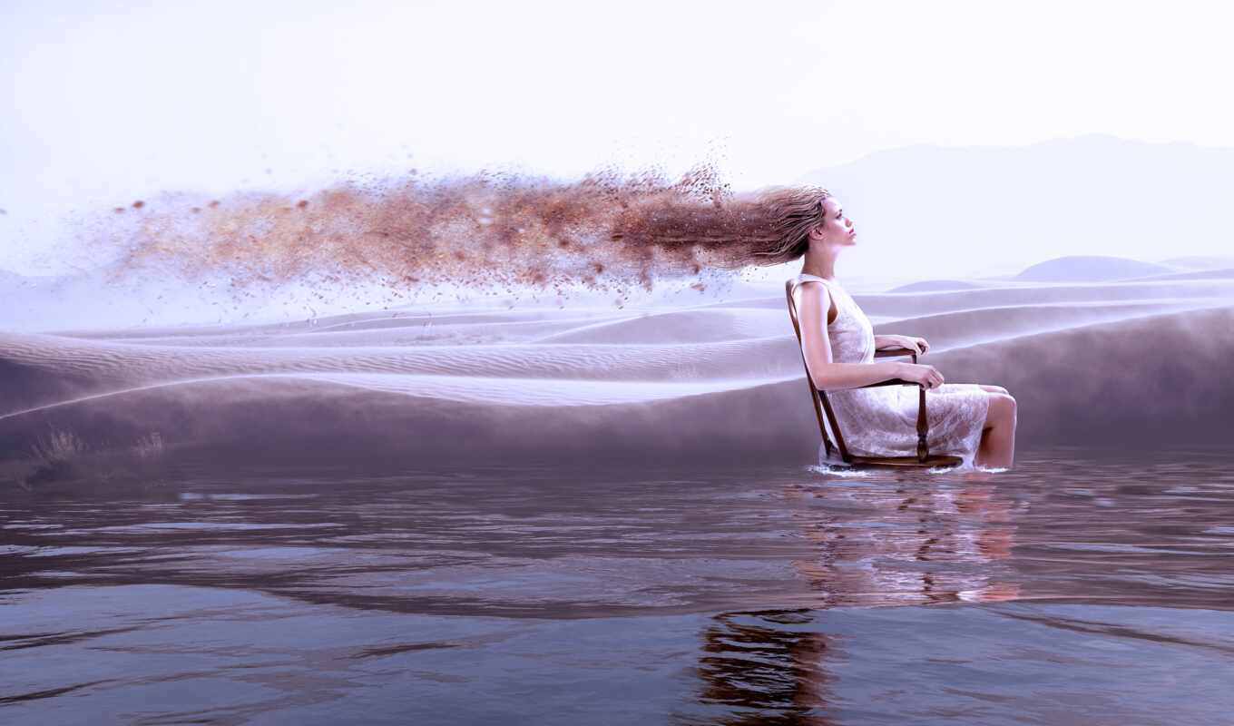 девушка, water, волосы, море, кресло, платье, pantalla, fondo, фотоарт