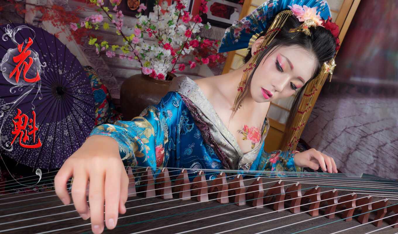музыка, девушка, нота, музы, инструмент, арфа, guzheng