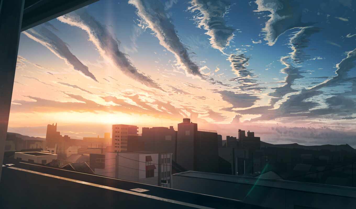 небо, взгляд, sun, окно, anime, закат, город