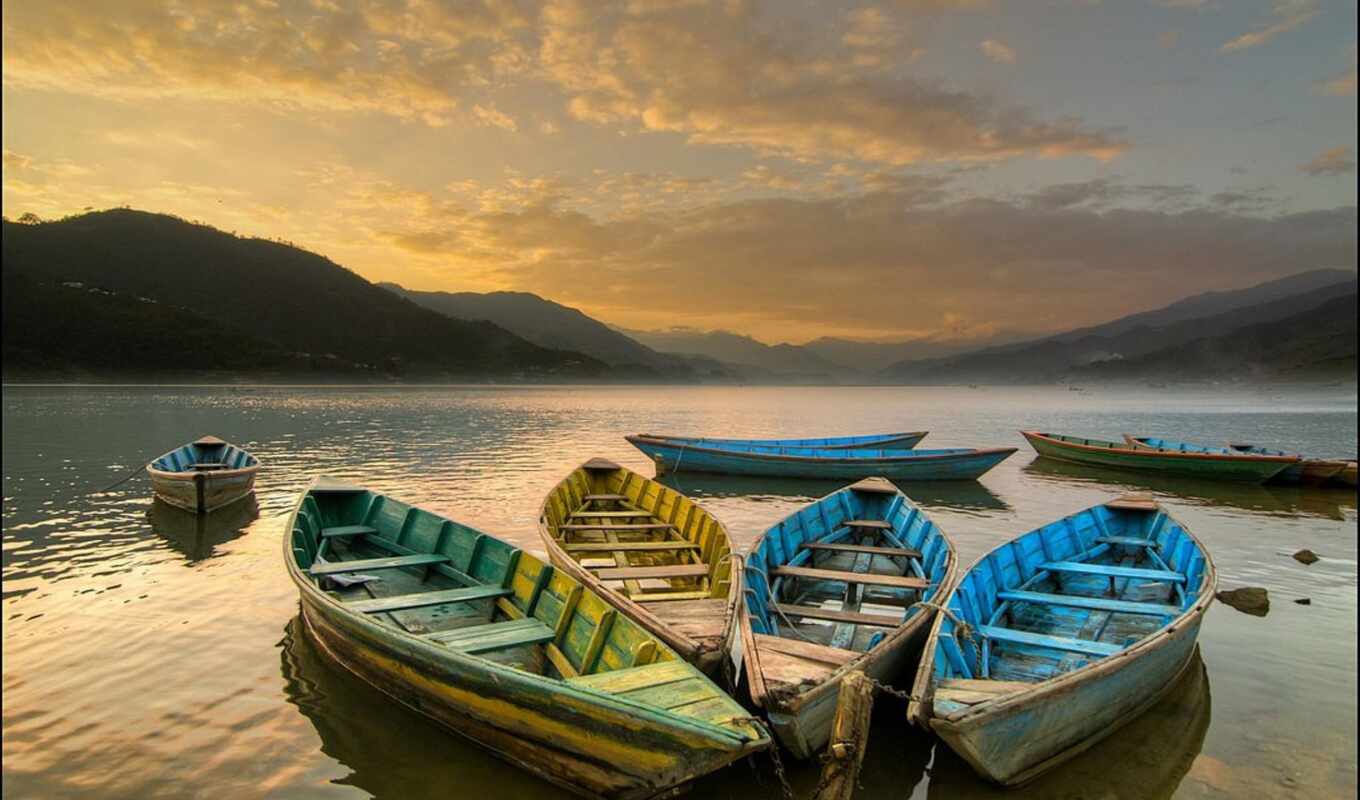 lake, sunset, a boat, nepal, Pokhara