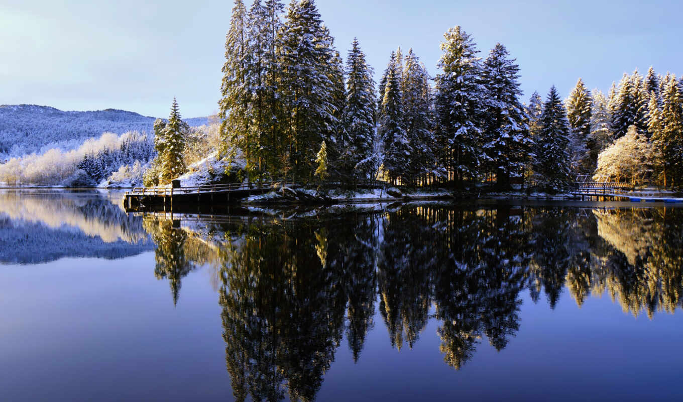 озеро, природа, небо, winter, лес, отражение