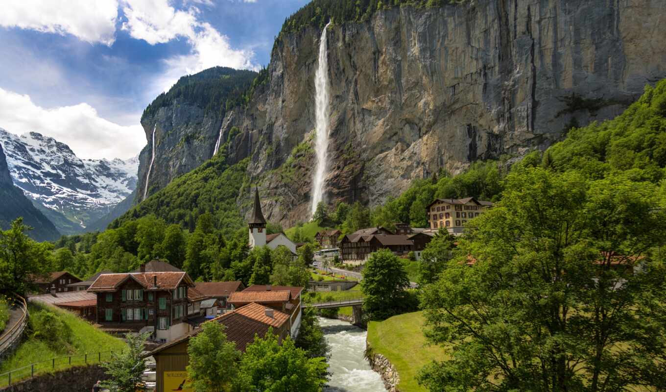 house, rock, mouth, swiss, river, waterfall, Switzerland, valley, lauterbrunnen, staubbach