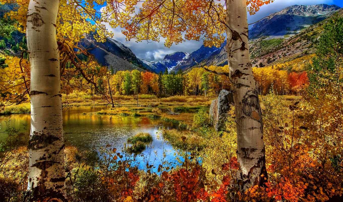 озеро, природа, заставки, осень, листва, осенние, trees, горы