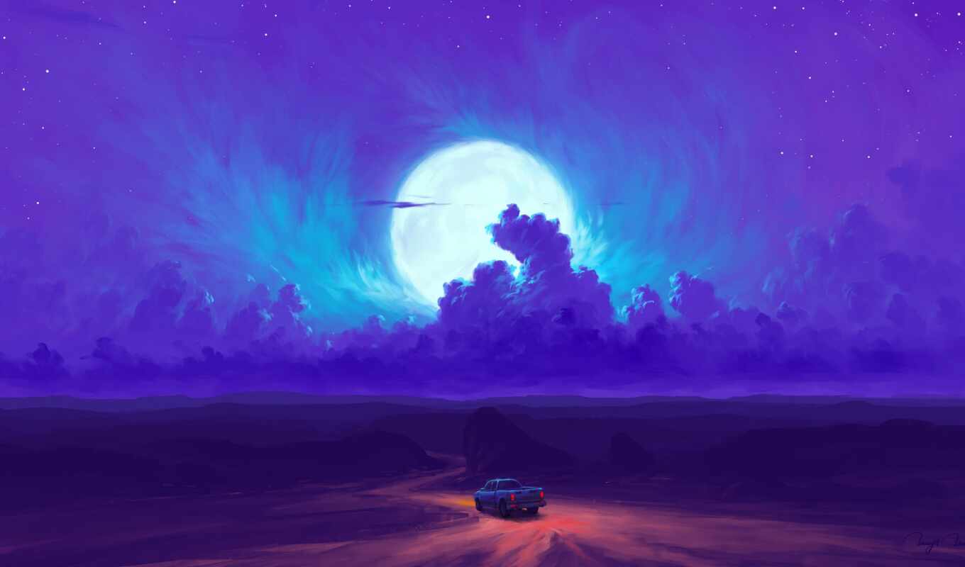 road, car, minimal, moonrise