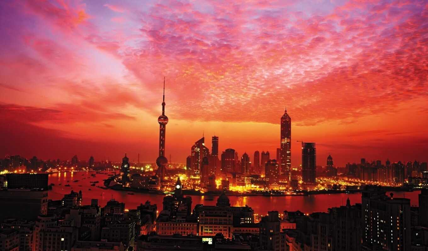 со, red, закат, shanghai, городом, china, закаты, азия