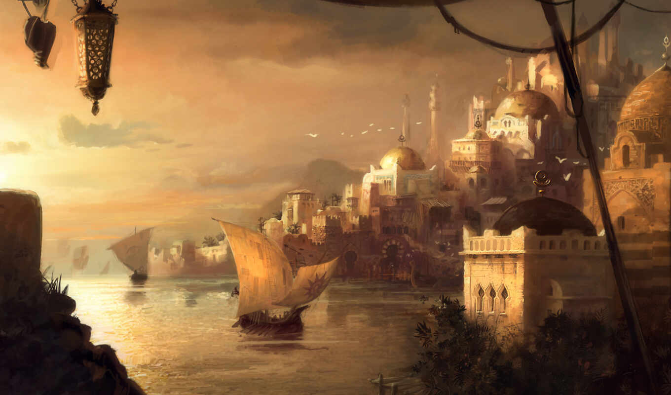 art, city, landscape, port, year, mosques, drakar