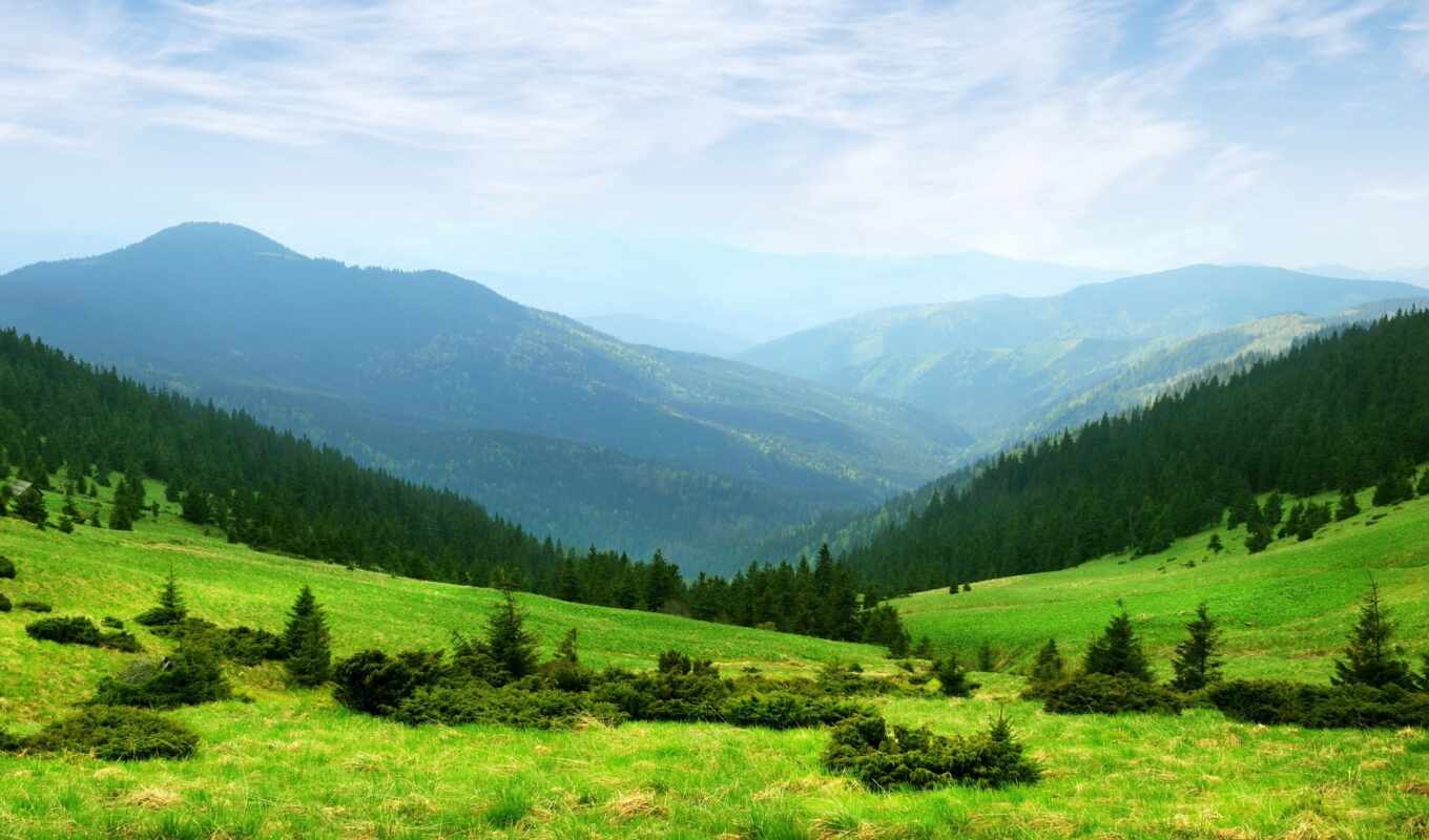 природа, небо, изображение, зелёный, трава, зелёная, trees, горы, холмы
