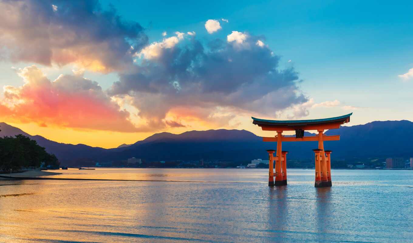 закат, море, japanese, gate, shrine