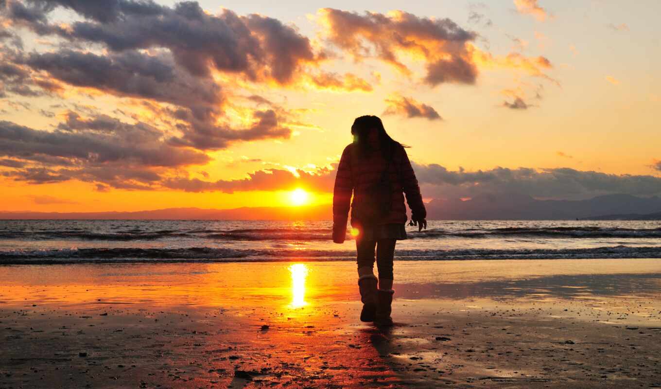 man, light, sunset, sea, coast, loneliness, walk