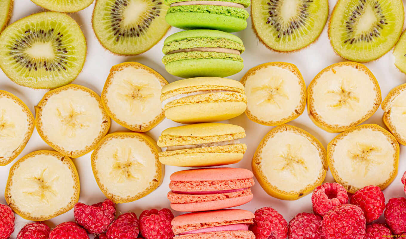 meal, still, fetus, life, raspberry, banana, kiwi, berry, rare, macaron