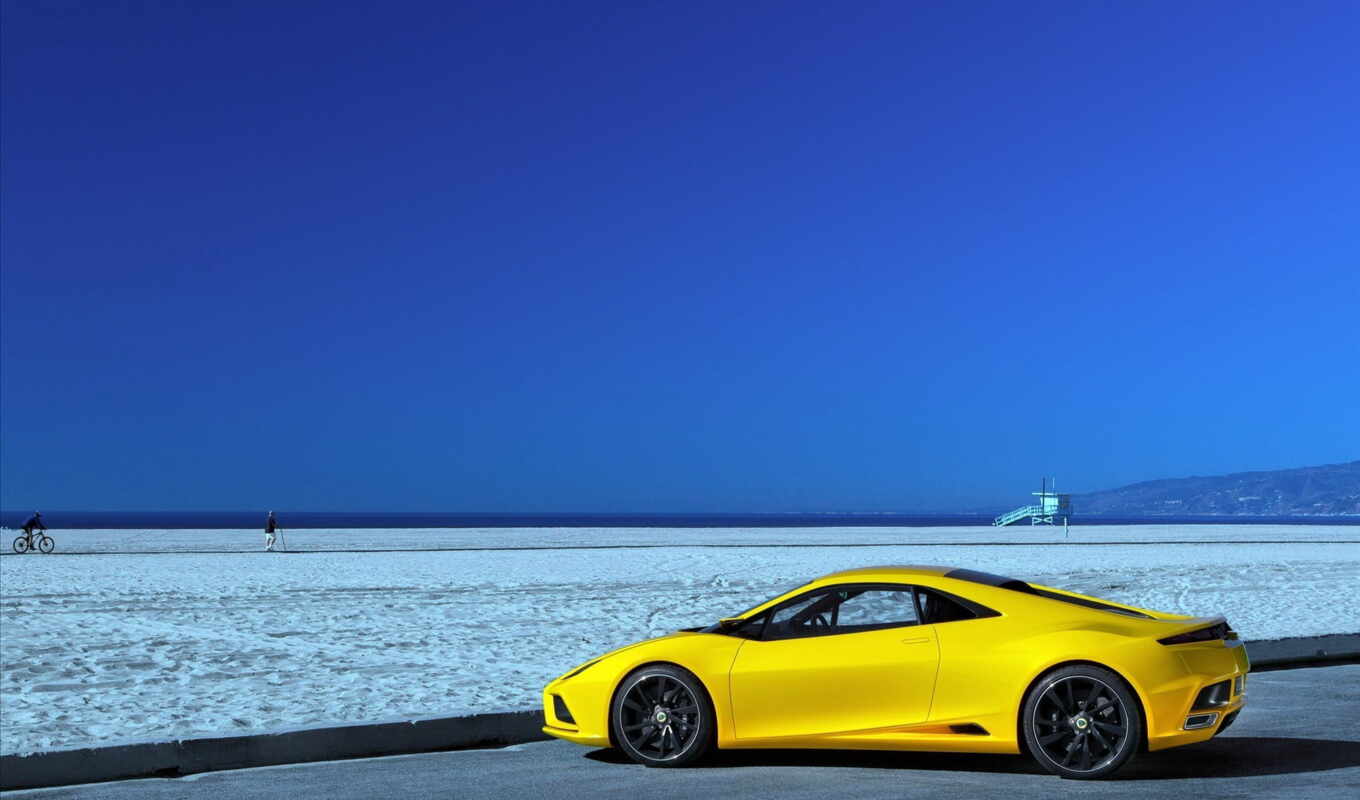 blue, пляж, море, песок, авто, lotus, yellow, автомобили, желтого