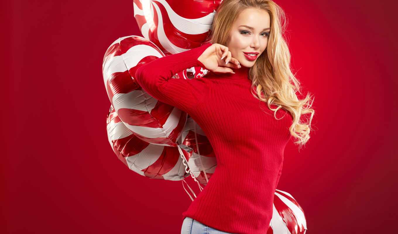 girl, red, blonde, sweater