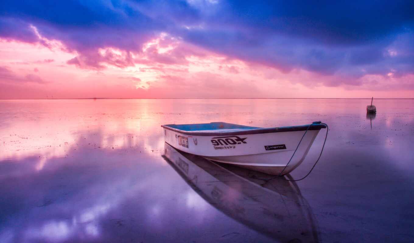 небо, purple, закат, water, розовый, отражение, лодка