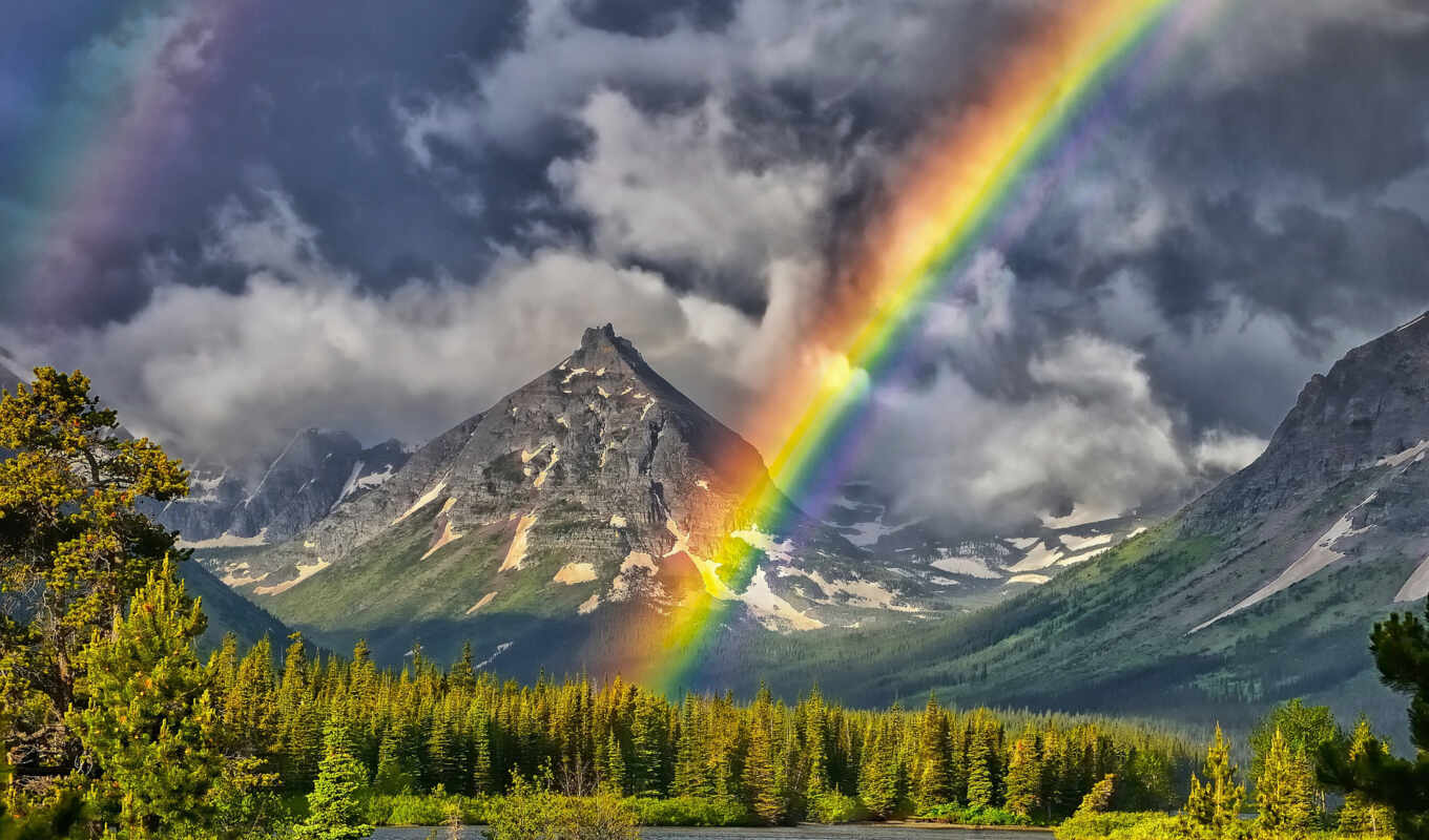 lake, nature, there is, background, tree, rainbow, forest, mountain, cloud