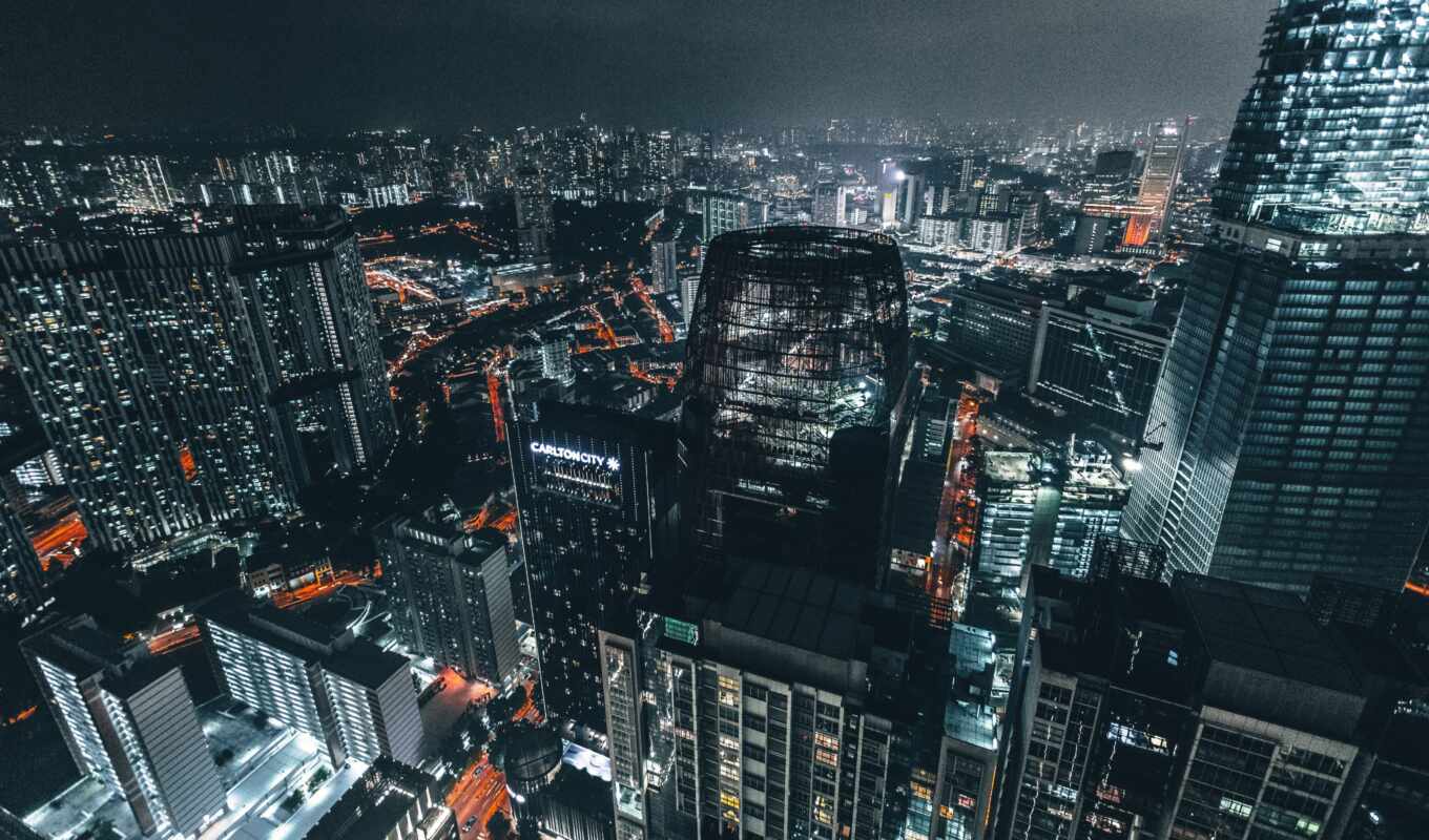 night, skyscrapers, metropolis, on top, urban lights