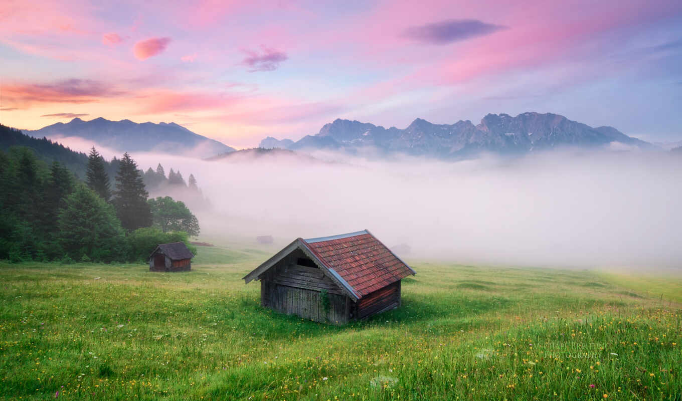 nature, mountain, Germany, mountains, the alps, meadow, mist, cottage