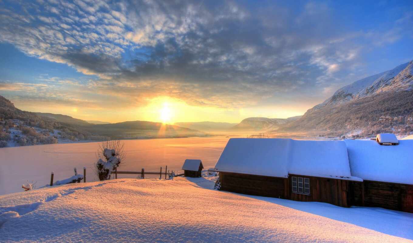 nature, sky, house, sun, snow, winter, lodge, day, mountains, mountains