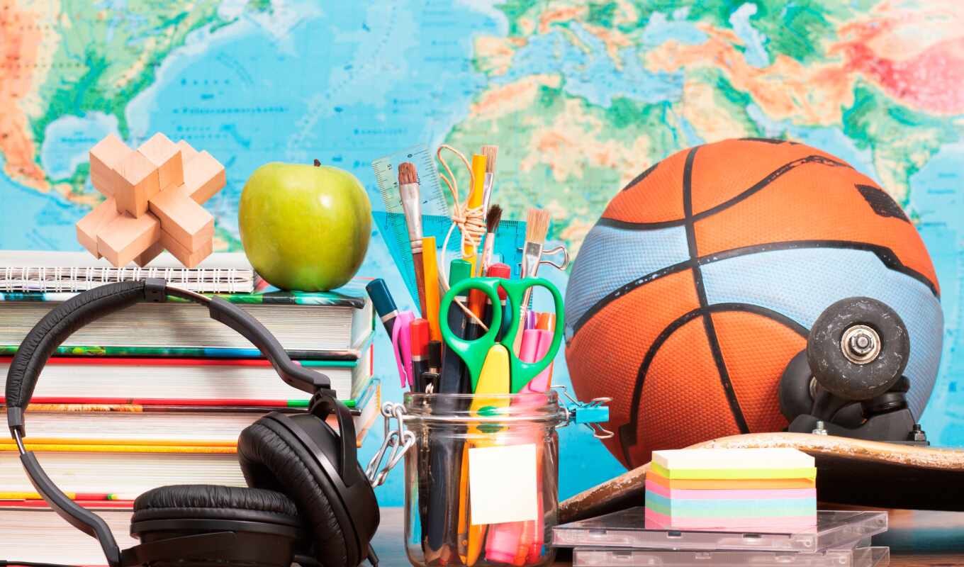 apple, a computer, book, picture, basketball, ball, earpiece, backdrop, szkolne, przybory