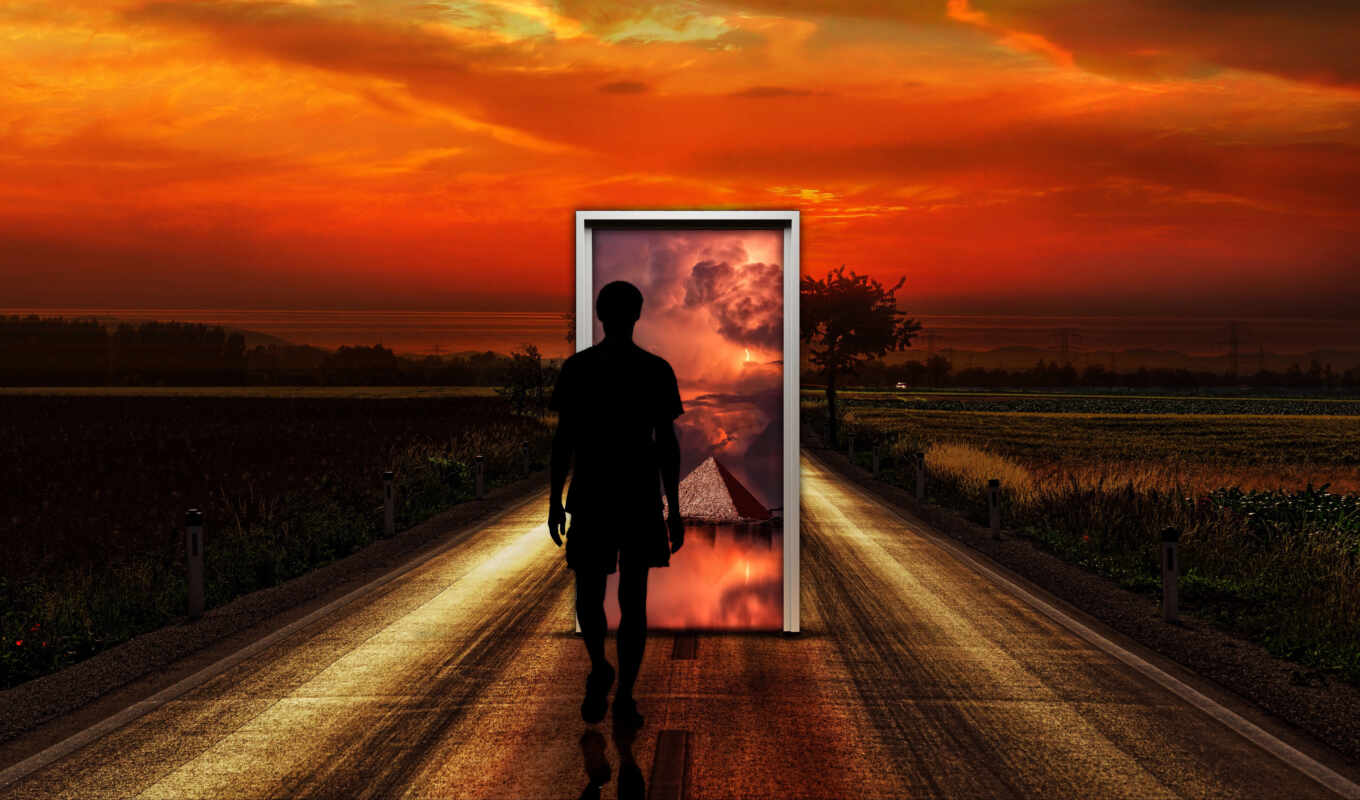 man, sunset, the door, imagination, surrealism