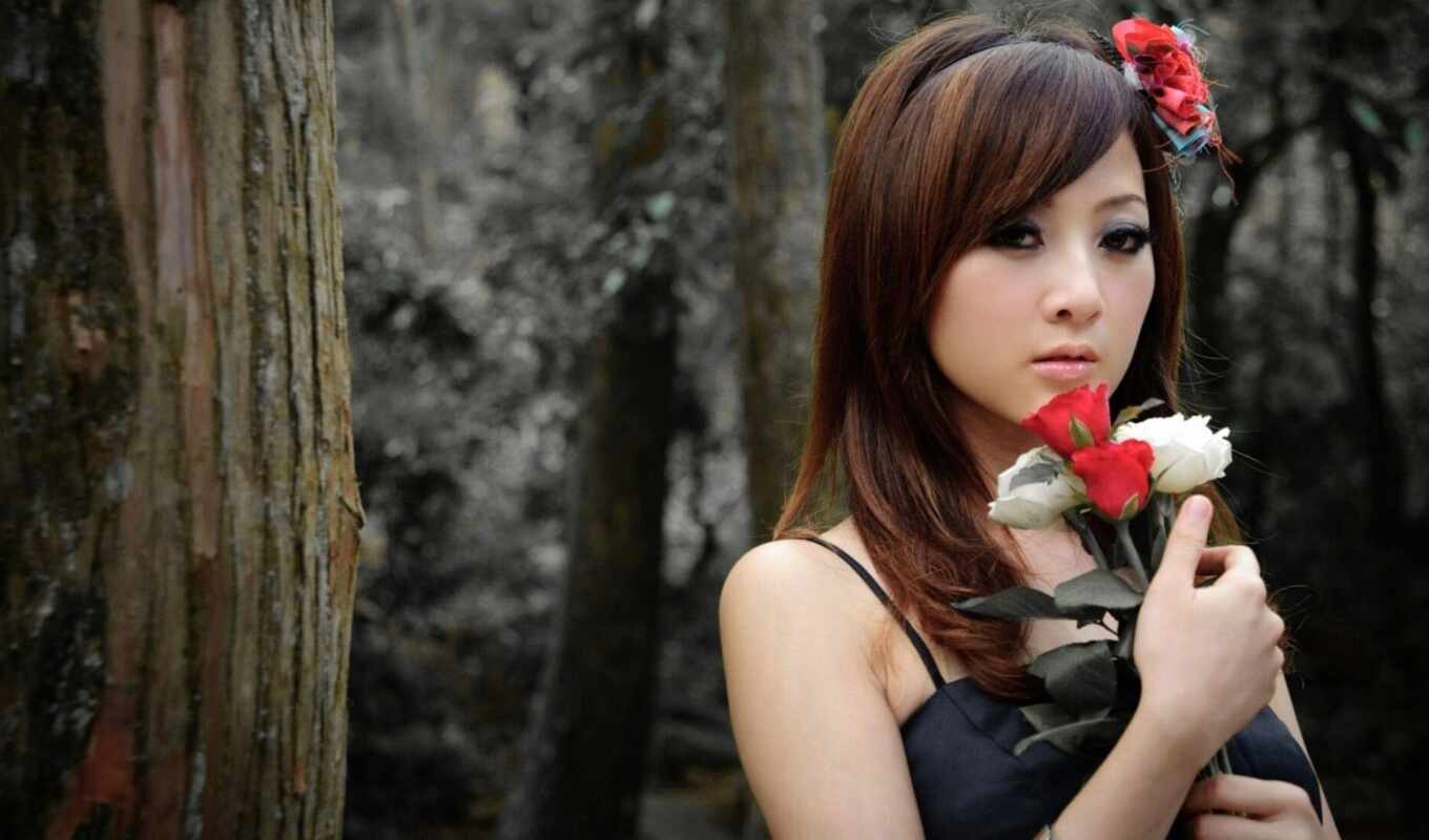 flowers, rose, girl, woman, red, cute, asian, fore