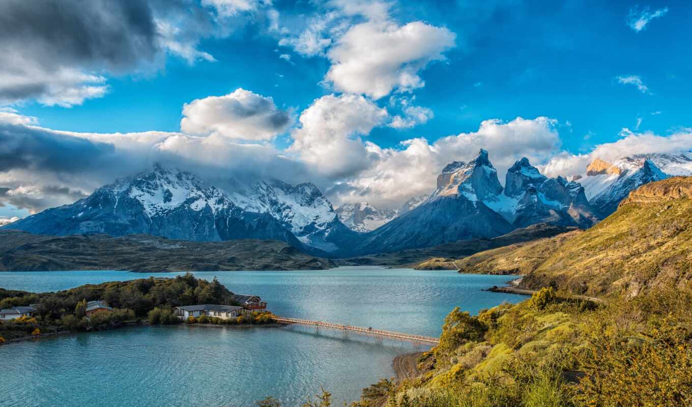 lake, nature, of, paine, torres, chile, national, parks, mountains, pehoé