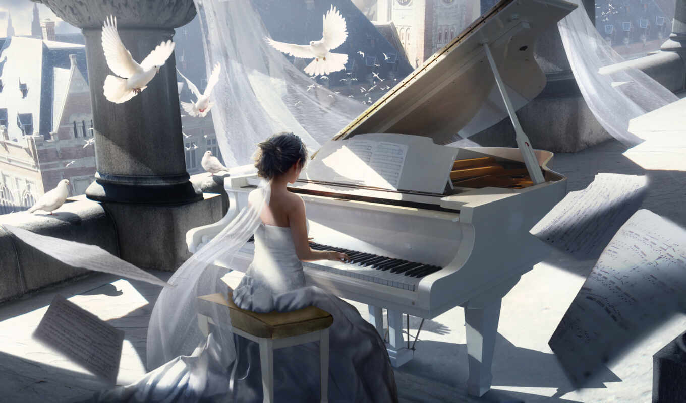 girl, white, dress, piano