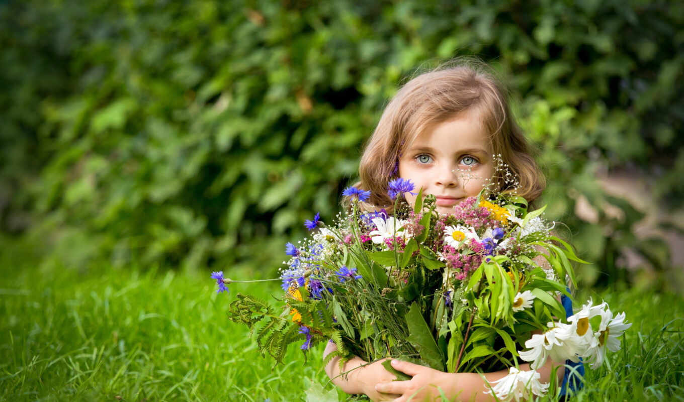 flowers, girl, field, bouquet, arm