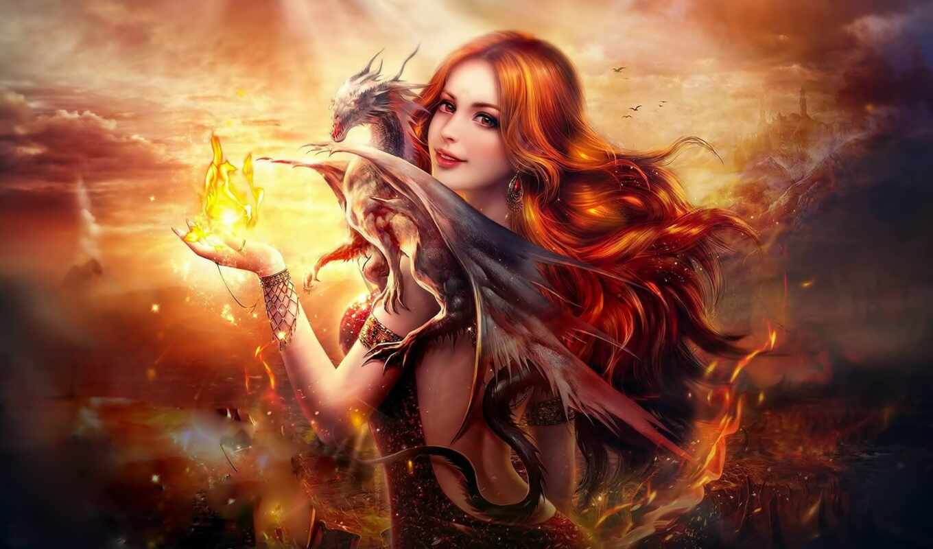 art, girl, woman, digital, dragon, fire, fantasy