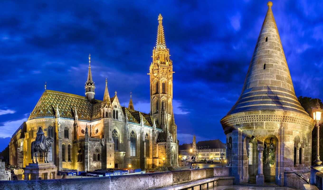 city, architecture, lights, tower, build, gothic, even, budapest, cathedral, church, hungary