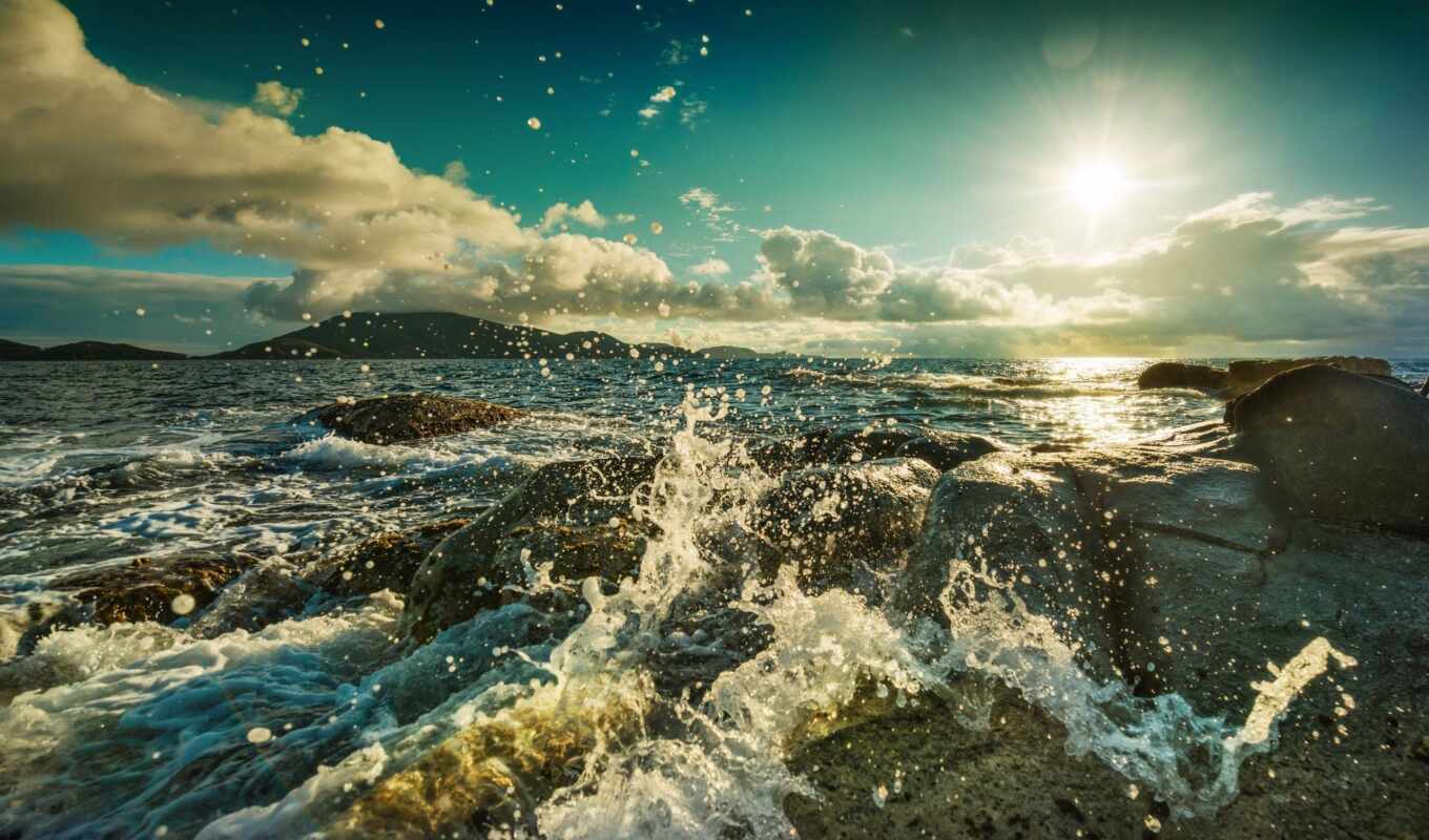 sea, ocean, splashes, wave, waves, cloud, stones