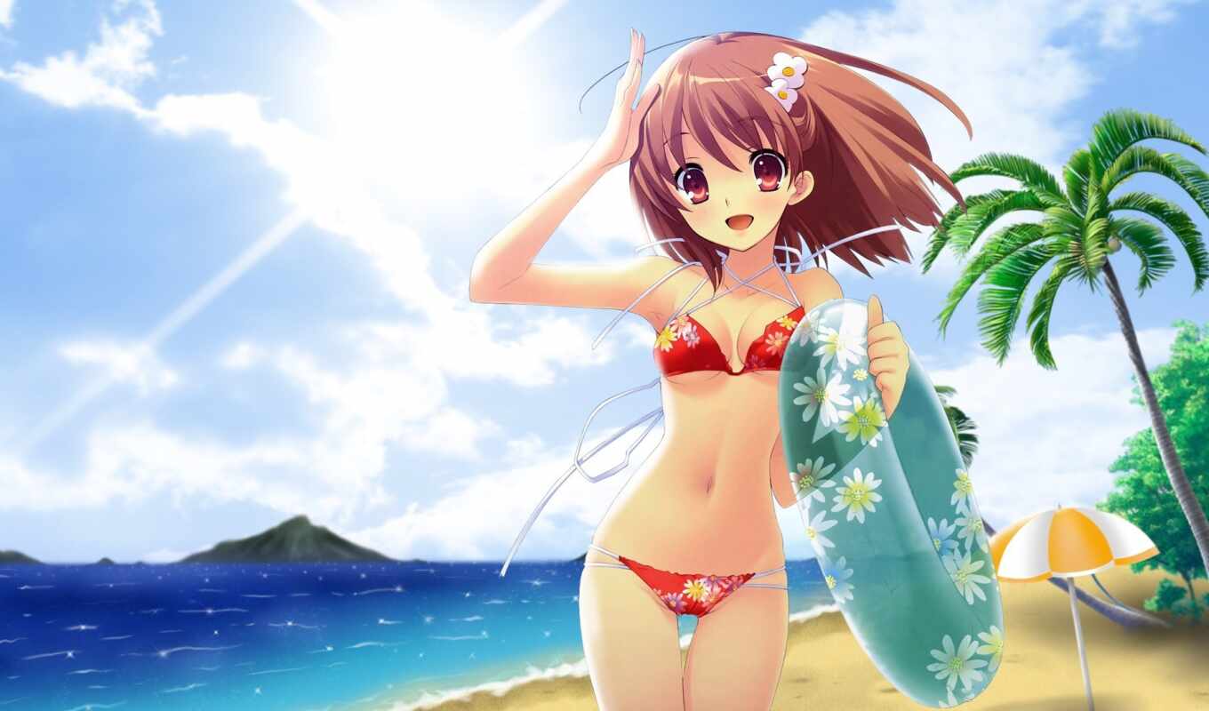 девушка, summer, anime, пляж, море, пляже, настроение, inaba, yui